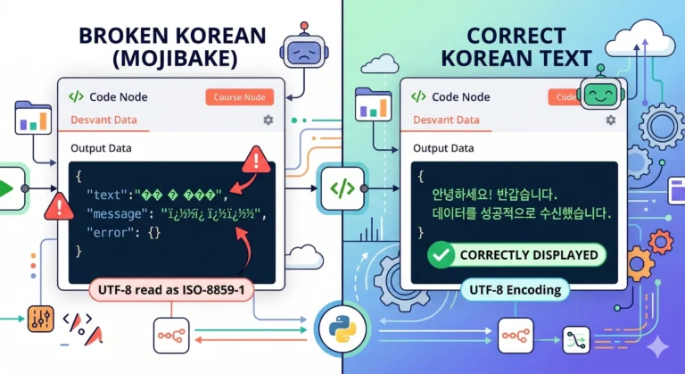 n8n 한글 설정 문자 인코딩 깨짐 해결 전후 비교